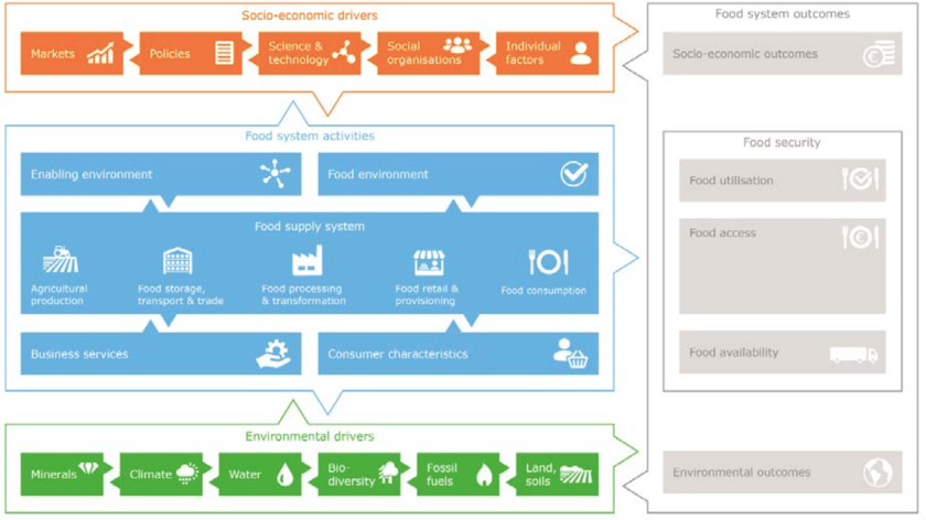 Figure 1: Food systems approach by van Berkum et al. (2018). Watch the following video to see how this holistic approach can apply to deltas. Figure 1: Food systems approach by van Berkum et al. (2018). Watch the following video to see how this holistic approach can apply to deltas.
